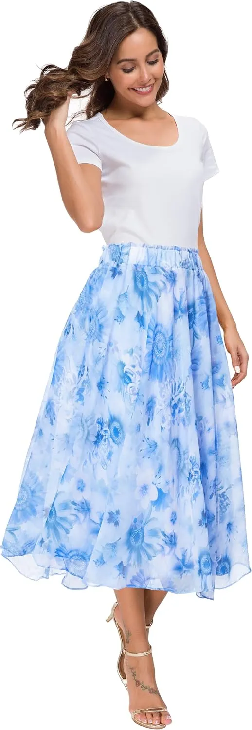 Afibi Women High Waist Floral Print Swing Chiffon Beach Midi Long Skirt with Pockets