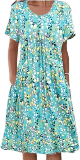 Akivide Womens Boho Floral Short Sleeve Flowy Dress Casual Summer Loose Swing Tshirt Midi Dresses with Pockets