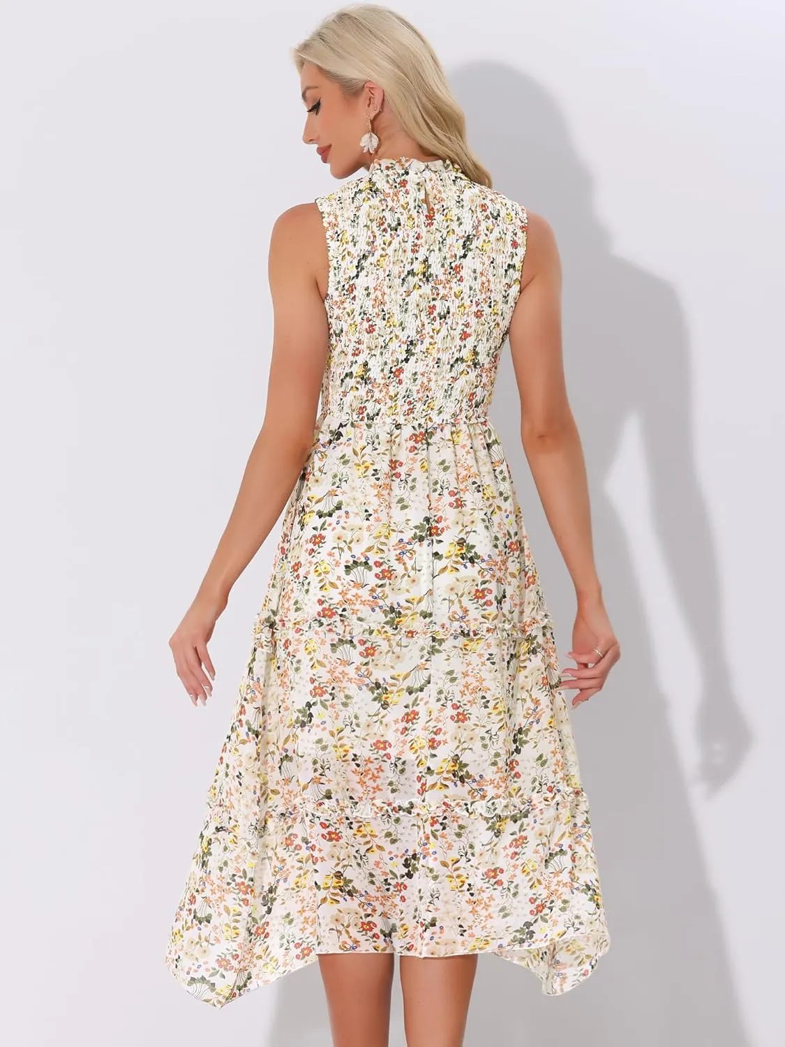 Allegra K Sleeveless Floral Dress for Women's Ruffles Crew Neck Chiffon Smocked Dresses