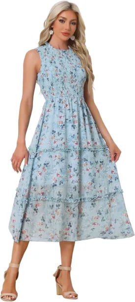 Allegra K Sleeveless Floral Dress for Women's Ruffles Crew Neck Chiffon Smocked Dresses