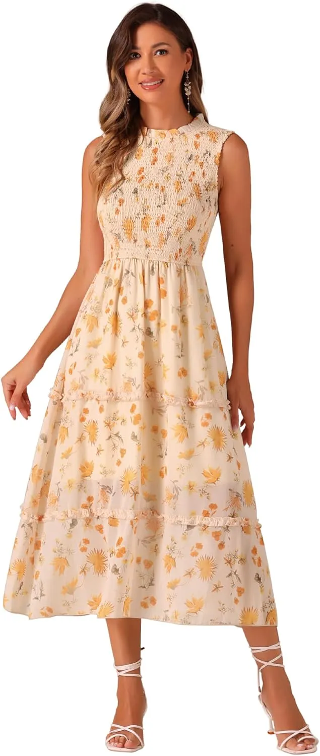 Allegra K Sleeveless Floral Dress for Women's Ruffles Crew Neck Chiffon Smocked Dresses