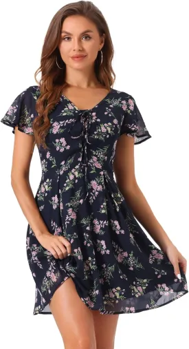 Allegra K Women's Floral Printed Spring Summer Flare Short Sleeve Lace-up V Neck Chiffon Dress
