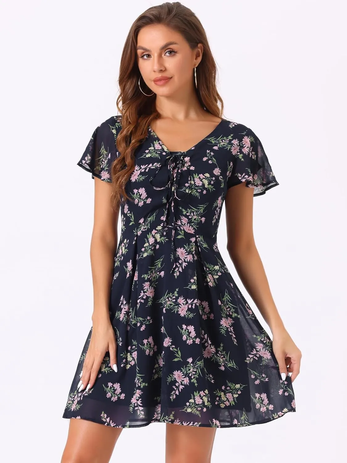 Allegra K Women's Floral Printed Spring Summer Flare Short Sleeve Lace-up V Neck Chiffon Dress