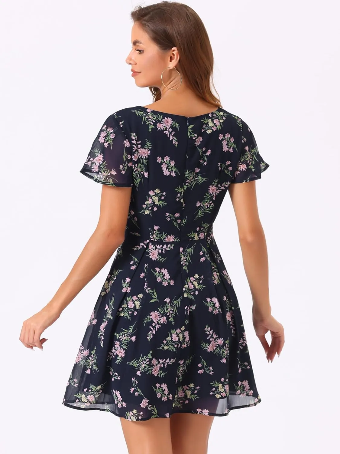 Allegra K Women's Floral Printed Spring Summer Flare Short Sleeve Lace-up V Neck Chiffon Dress