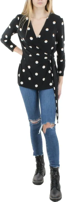 Anne Klein Womens Polka Dot Stretch Wrap Top