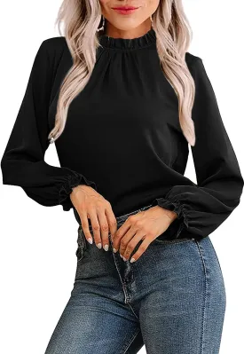 Avanova Women Polka Dot Long Sleeve Blouse Shirts Work Mock Neck Ruffle Top