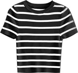 Avanova Women Striped Ribbed Knit Crop Tops Short Sleeve Basic Crew Neck Tee Shirts