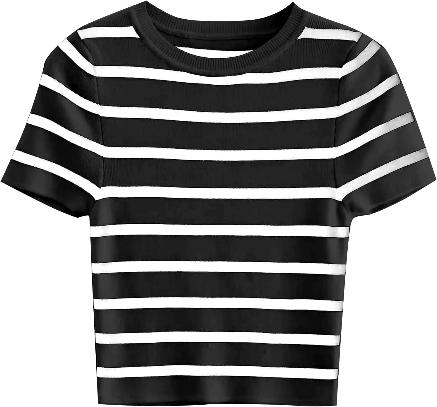 Avanova Women Striped Ribbed Knit Crop Tops Short Sleeve Basic Crew Neck Tee Shirts