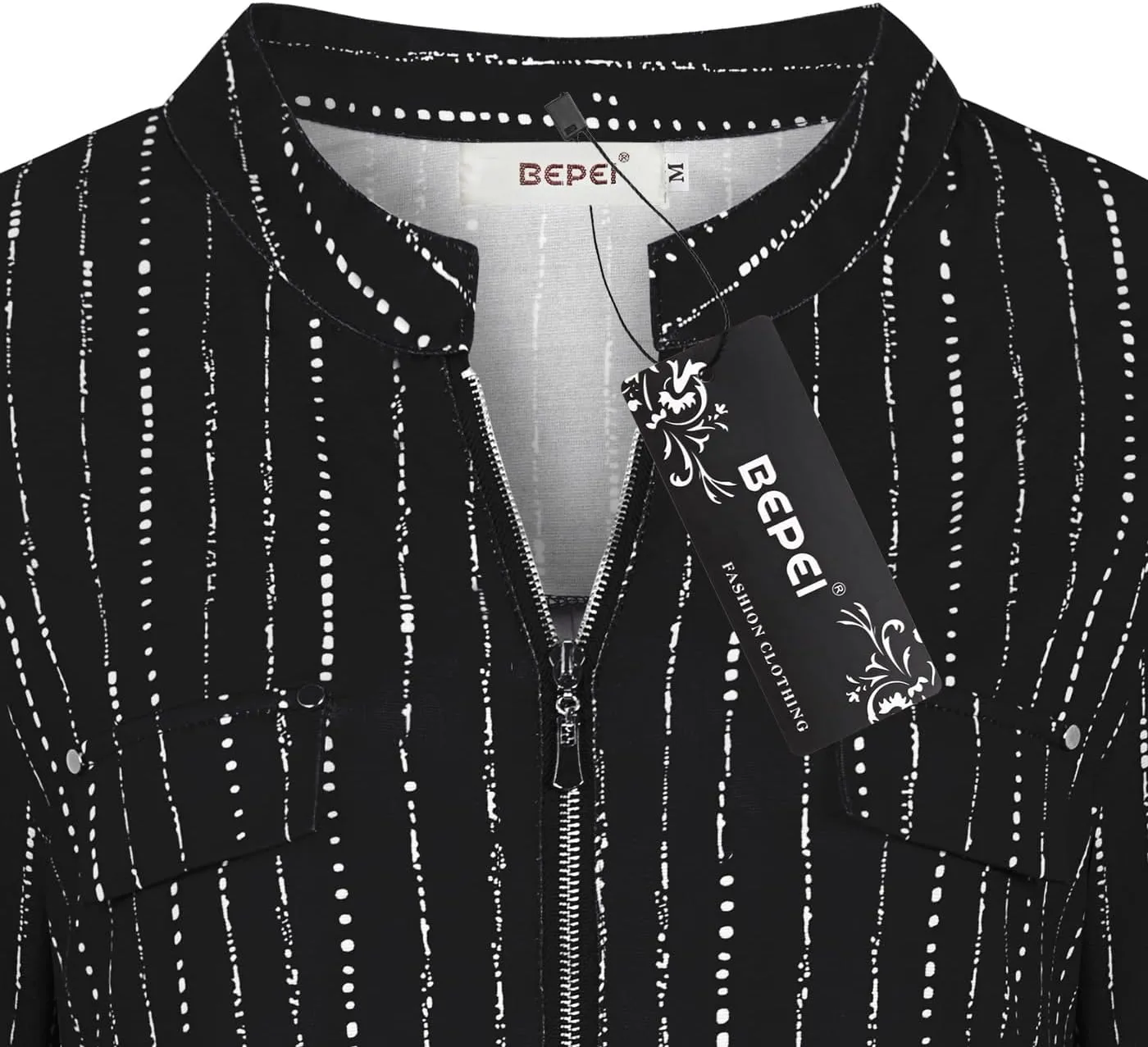 BEPEI Womens Floral 3/4 Sleeve Shirts Zip up V Neck Work Chiffon Blouses Top