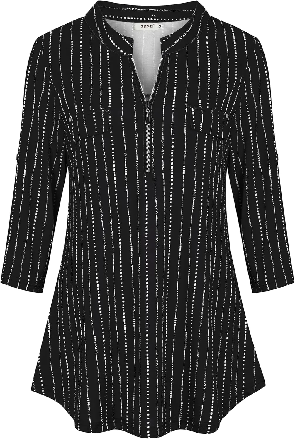 BEPEI Womens Floral 3/4 Sleeve Shirts Zip up V Neck Work Chiffon Blouses Top