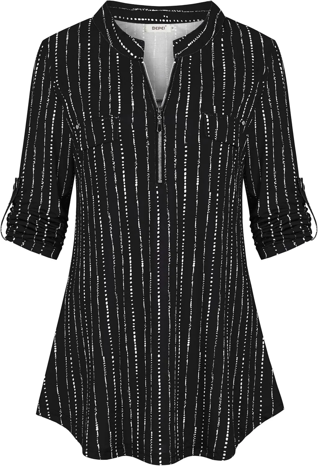 BEPEI Womens Floral 3/4 Sleeve Shirts Zip up V Neck Work Chiffon Blouses Top