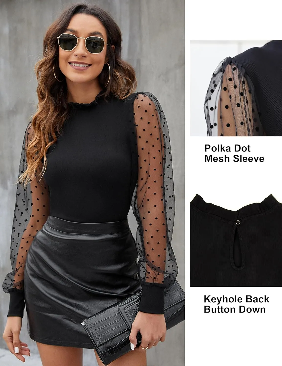 Blooming Jelly Womens Mock Neck Tops Keyhole Dressy Casual Blouses Polka Dot Long Sleeve Fall Outfits 2025