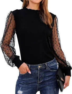 Blooming Jelly Womens Mock Neck Tops Keyhole Dressy Casual Blouses Polka Dot Long Sleeve Fall Outfits 2025