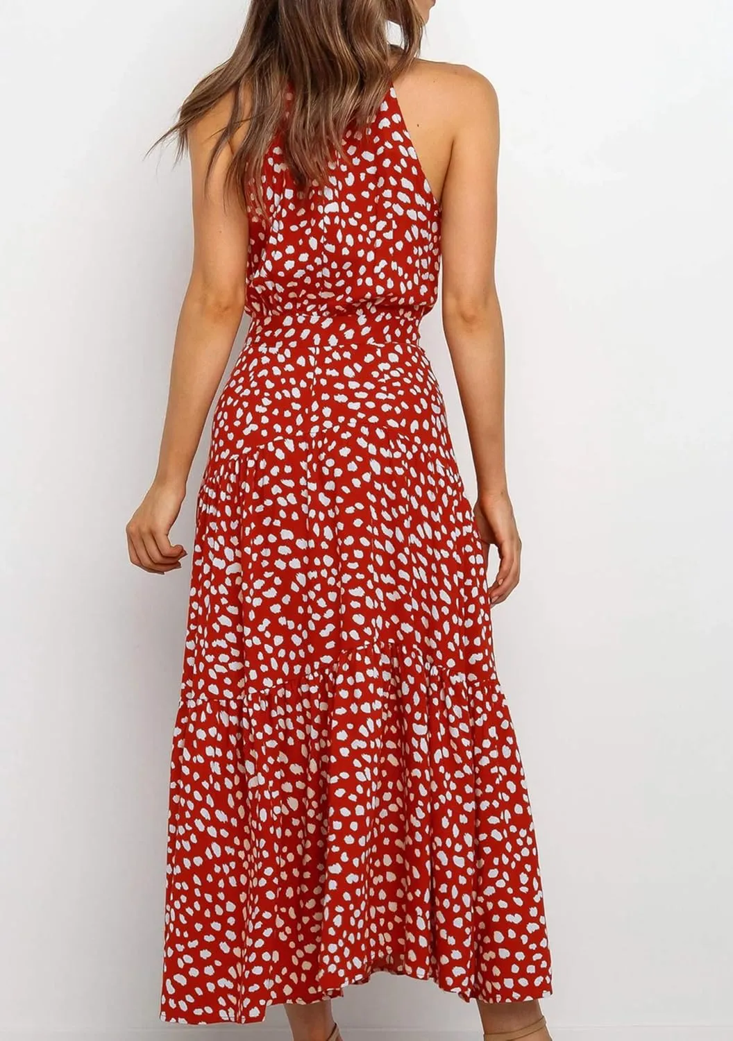 BOFETA Women's Halter Neck Boho Floral Sundress Sleeveless Back Zipper Beach Dress with Belt