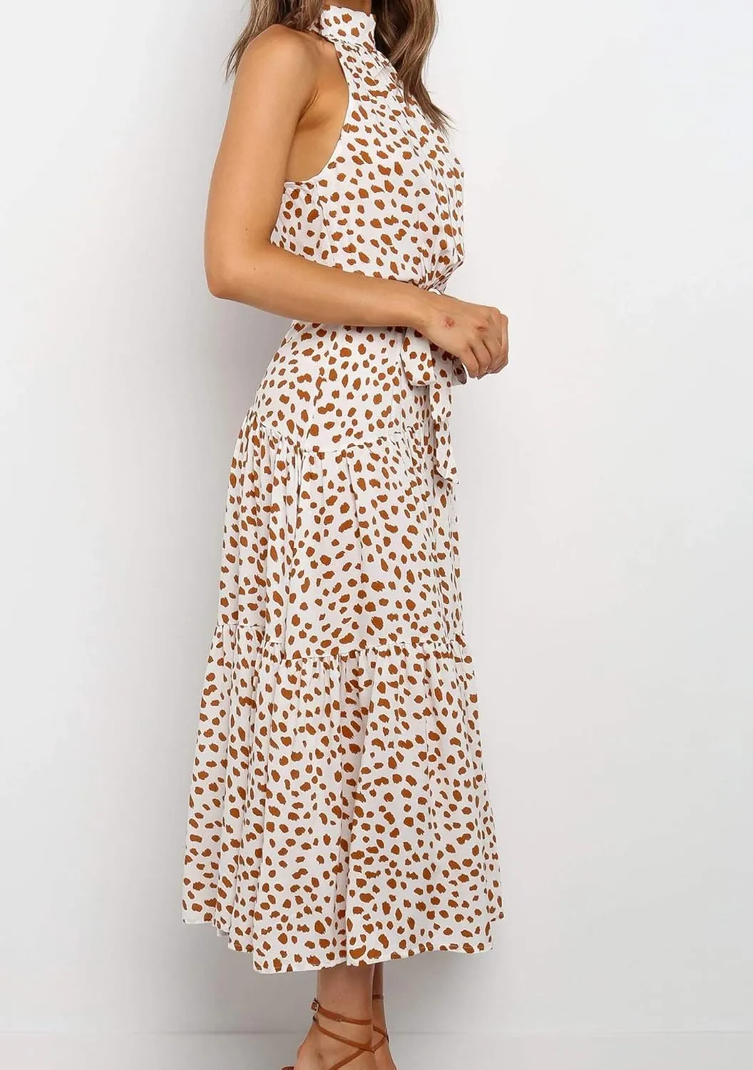 BOFETA Women's Halter Neck Boho Floral Sundress Sleeveless Back Zipper Beach Dress with Belt