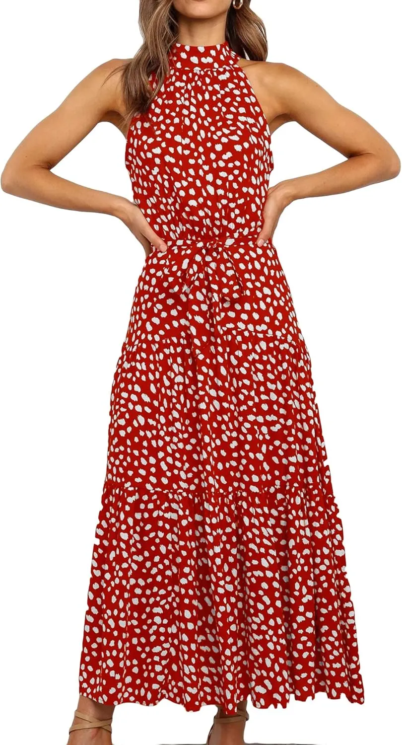 BOFETA Women's Halter Neck Boho Floral Sundress Sleeveless Back Zipper Beach Dress with Belt