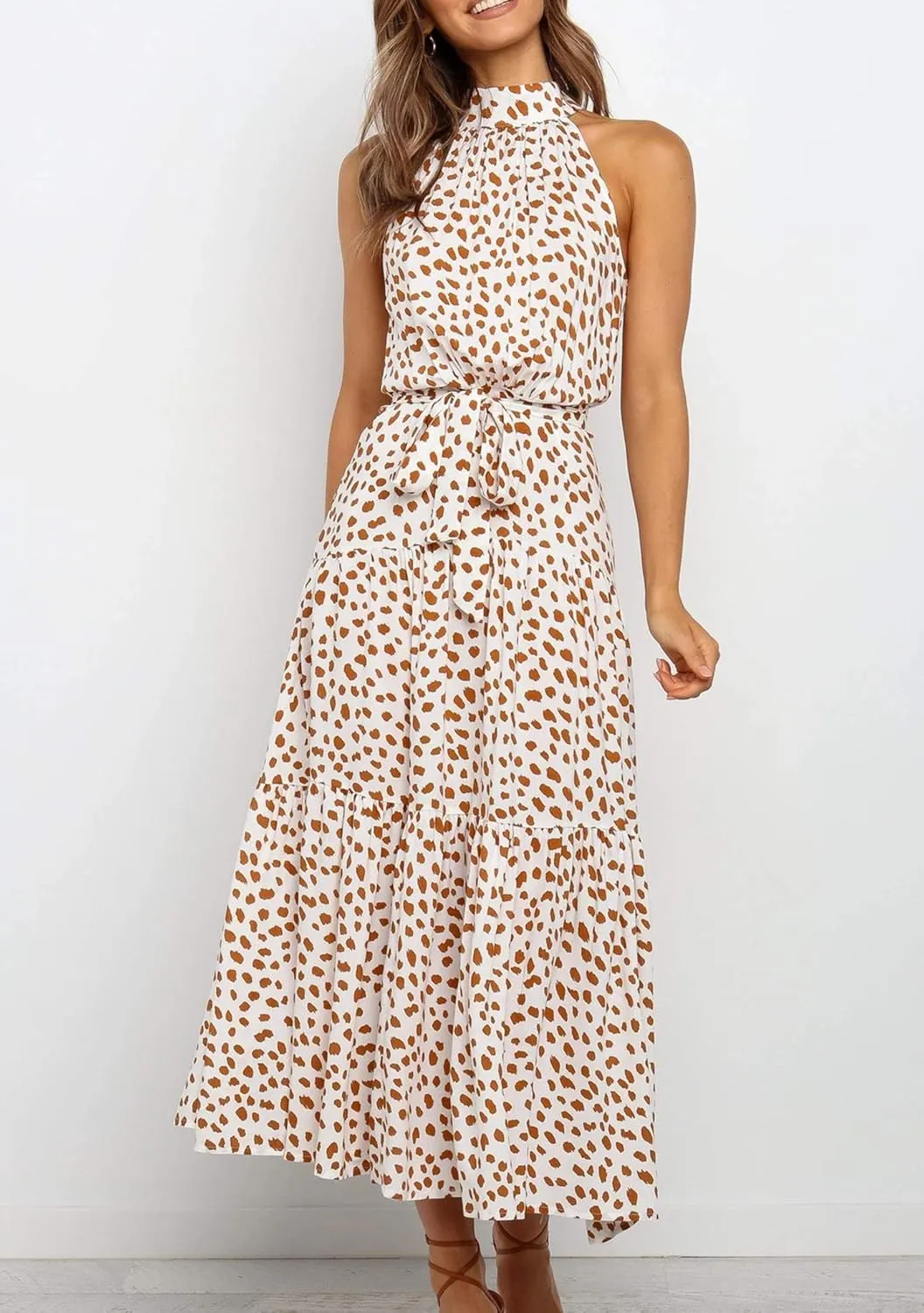 BOFETA Women's Halter Neck Boho Floral Sundress Sleeveless Back Zipper Beach Dress with Belt
