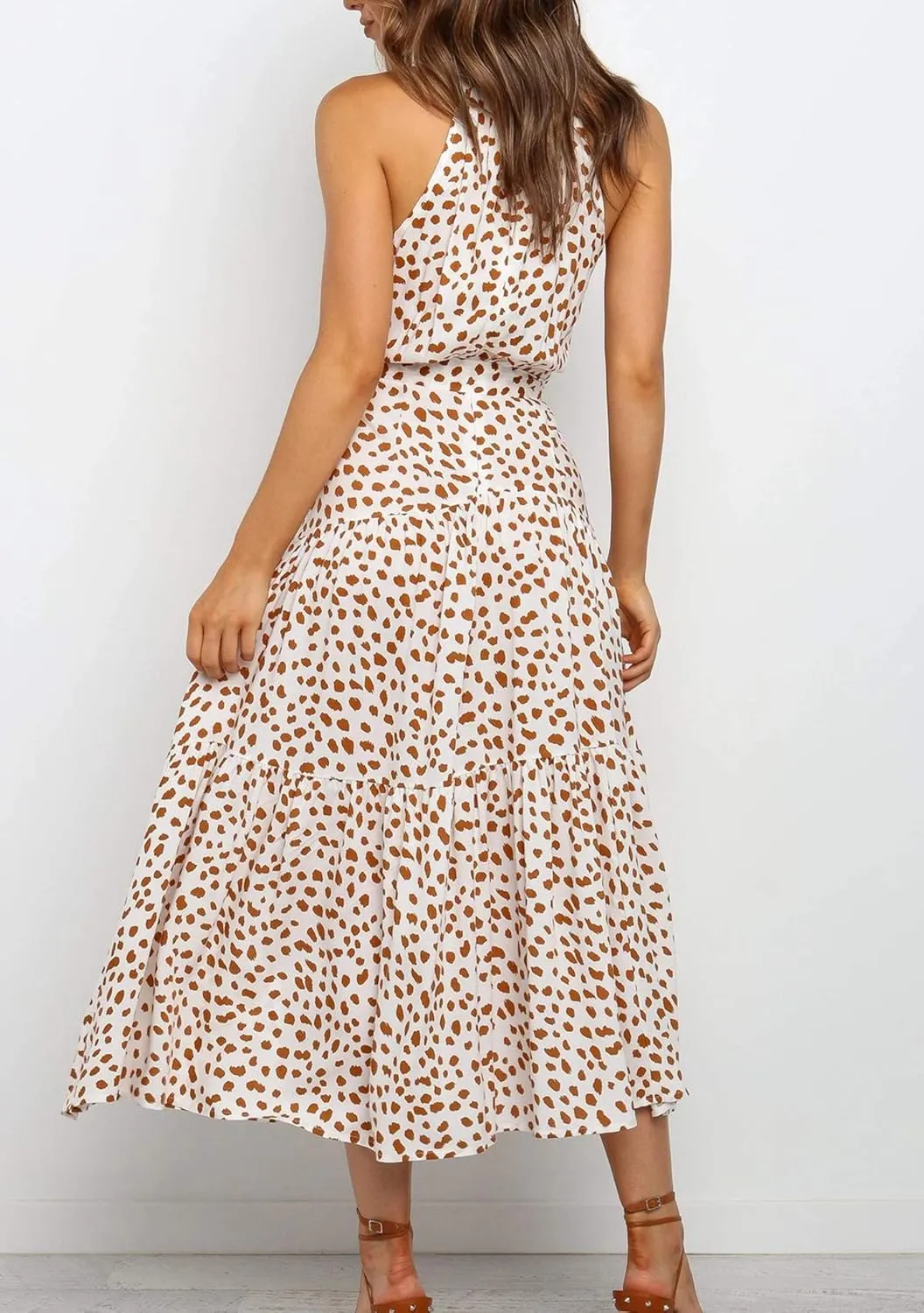 BOFETA Women's Halter Neck Boho Floral Sundress Sleeveless Back Zipper Beach Dress with Belt