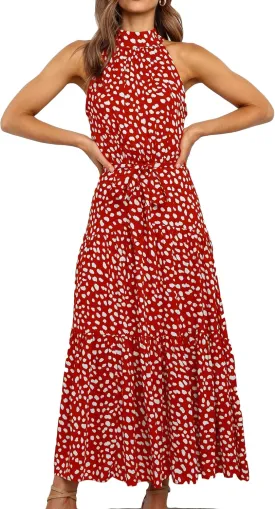 BOFETA Women's Halter Neck Boho Floral Sundress Sleeveless Back Zipper Beach Dress with Belt