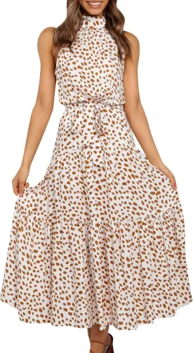 BOFETA Women's Halter Neck Boho Floral Sundress Sleeveless Back Zipper Beach Dress with Belt