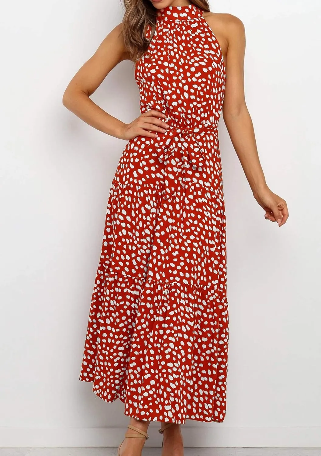 BOFETA Women's Halter Neck Boho Floral Sundress Sleeveless Back Zipper Beach Dress with Belt