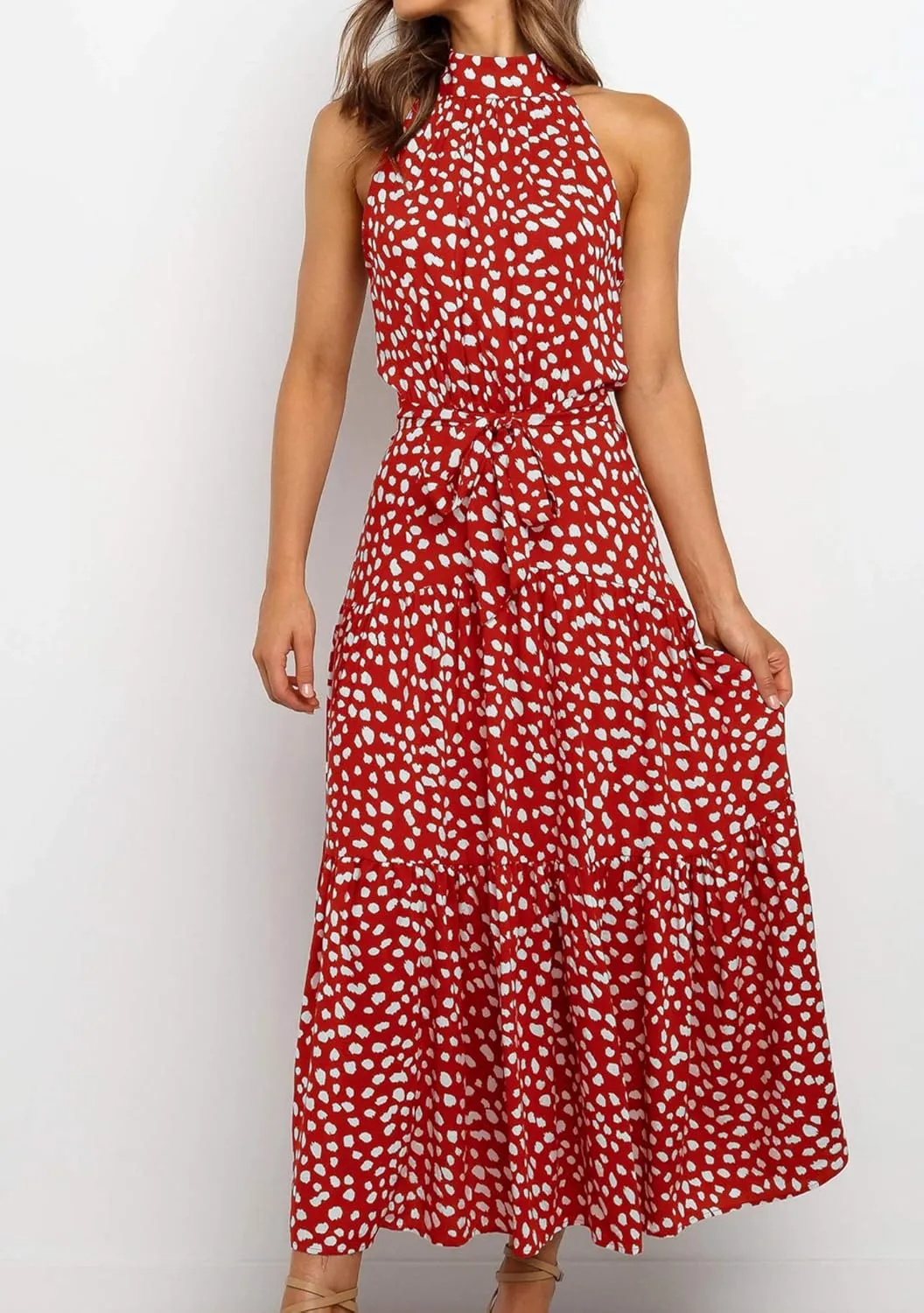 BOFETA Women's Halter Neck Boho Floral Sundress Sleeveless Back Zipper Beach Dress with Belt