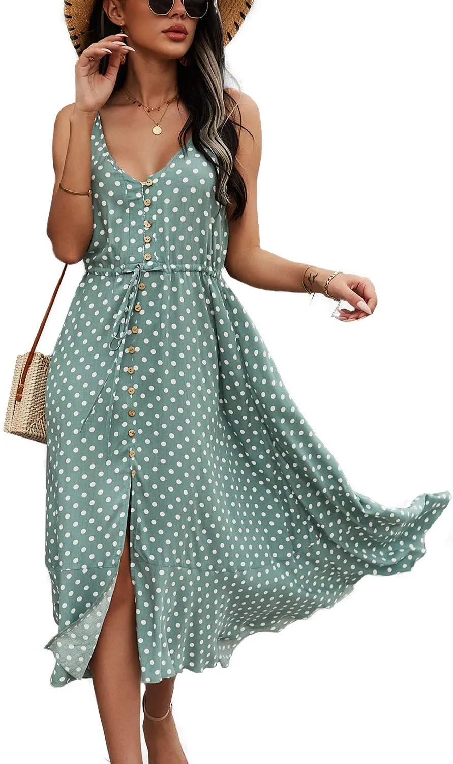 BROVAVE Women's 2025 Summer Casual Boho Sundress Polka Dot Spaghetti Strap V Neck Flowy Midi Dresses
