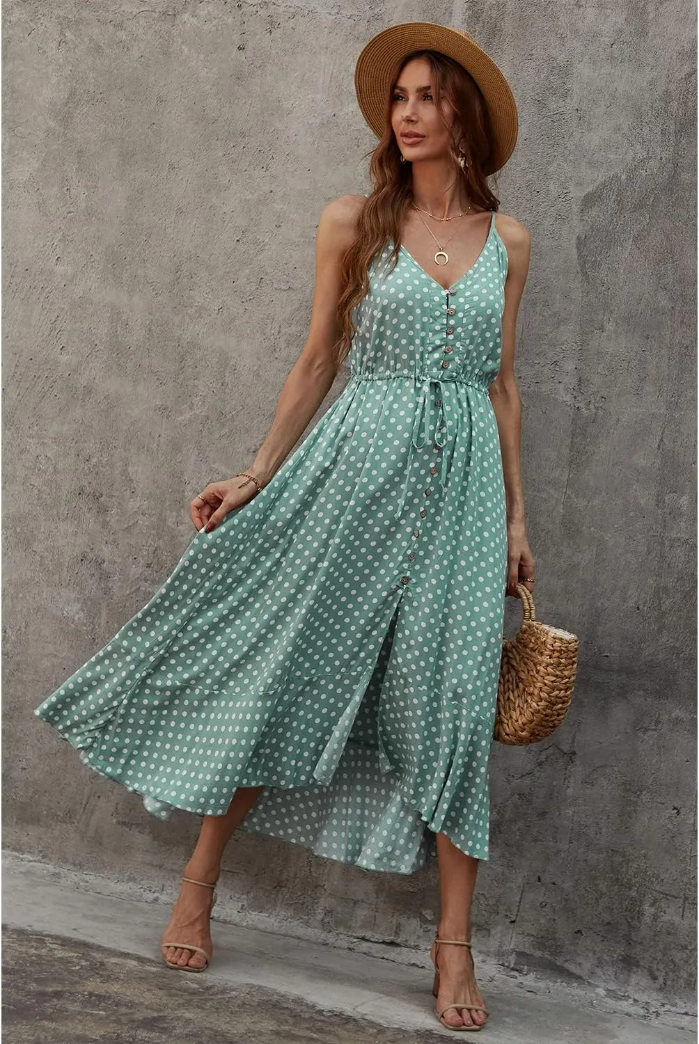 BROVAVE Women's 2025 Summer Casual Boho Sundress Polka Dot Spaghetti Strap V Neck Flowy Midi Dresses