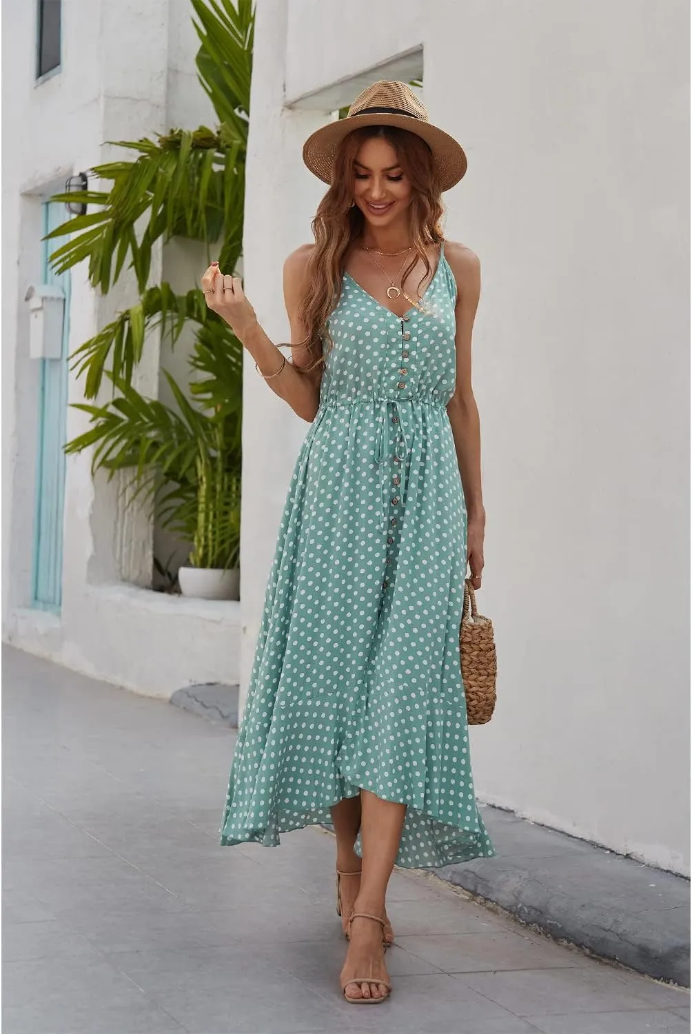 BROVAVE Women's 2025 Summer Casual Boho Sundress Polka Dot Spaghetti Strap V Neck Flowy Midi Dresses