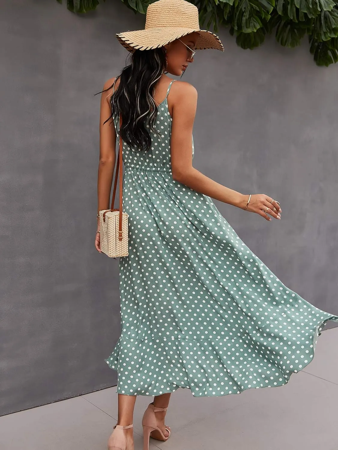 BROVAVE Women's 2025 Summer Casual Boho Sundress Polka Dot Spaghetti Strap V Neck Flowy Midi Dresses