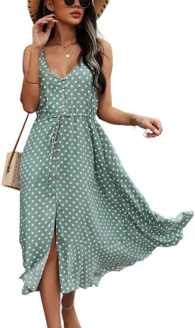 BROVAVE Women's 2025 Summer Casual Boho Sundress Polka Dot Spaghetti Strap V Neck Flowy Midi Dresses