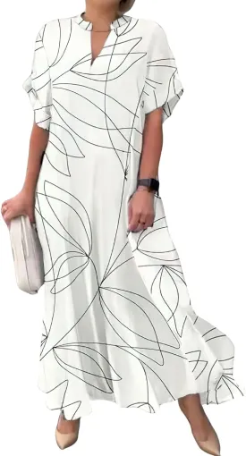 chouyatou Women's Casual Short Sleeve V Neck Striped Dresses Loose Maxi Shirt Dress with Side Slit