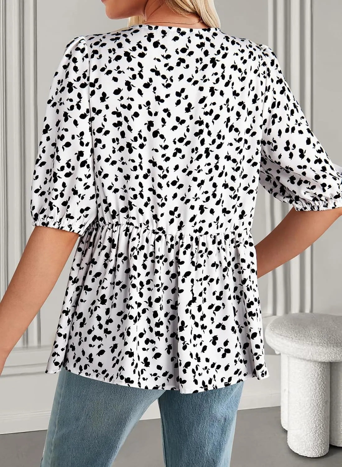 Dokotoo Womens Tops Casual Crewneck Babydoll Peplum Puff Sleeve Shirts Bow Tie Front Boho Summer Blouses