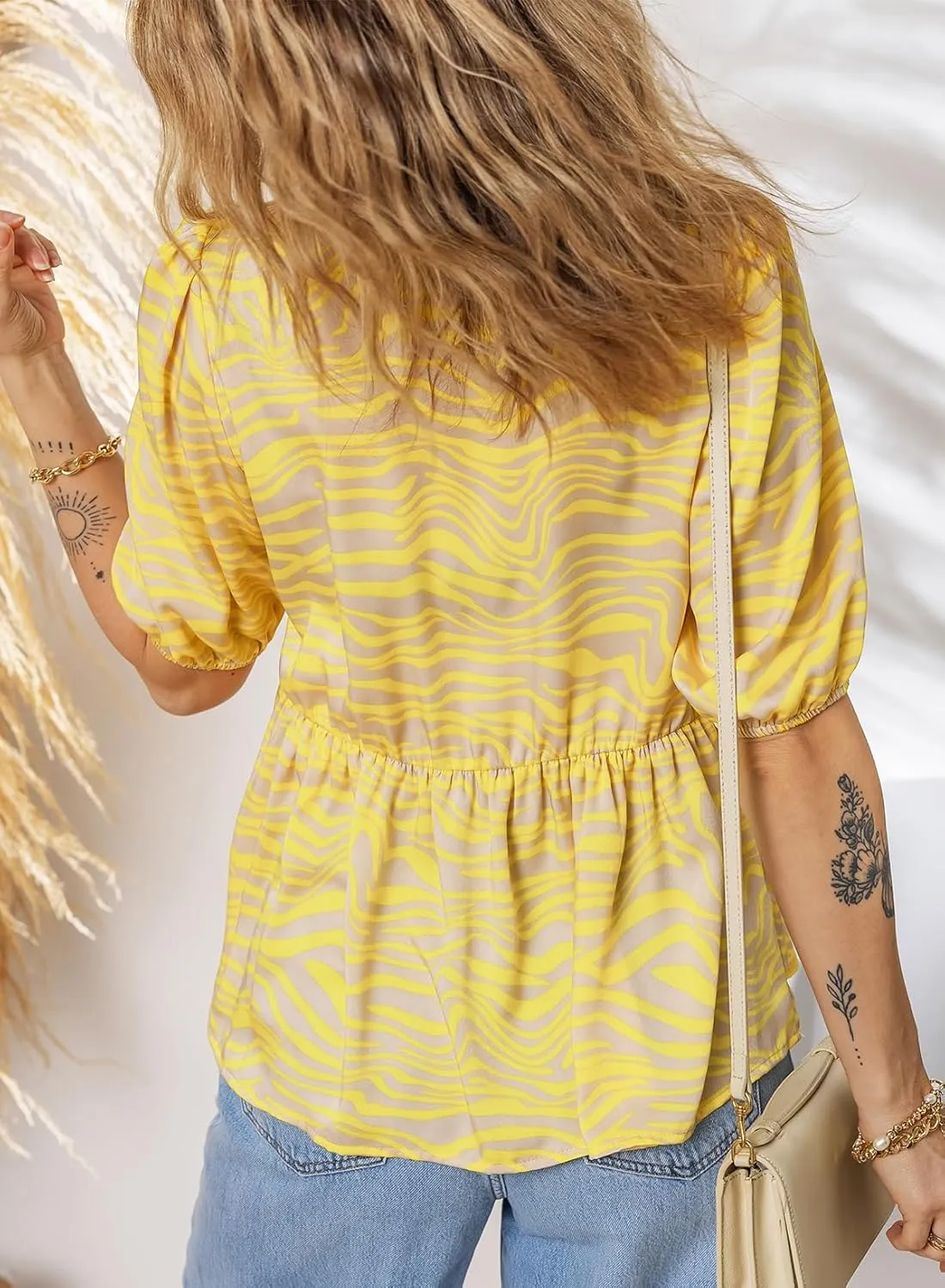 Dokotoo Womens Tops Casual Crewneck Babydoll Peplum Puff Sleeve Shirts Bow Tie Front Boho Summer Blouses
