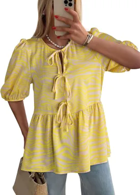 Dokotoo Womens Tops Casual Crewneck Babydoll Peplum Puff Sleeve Shirts Bow Tie Front Boho Summer Blouses