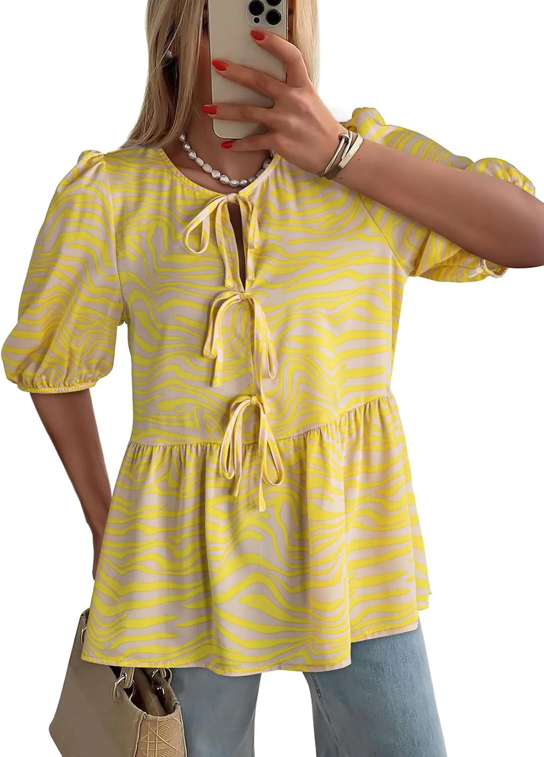 Dokotoo Womens Tops Casual Crewneck Babydoll Peplum Puff Sleeve Shirts Bow Tie Front Boho Summer Blouses