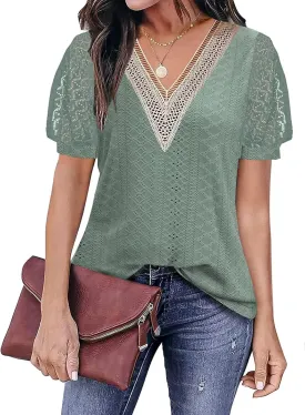 ETCYY Womens Tops Causal Puff Sleeve Summer Trendy Cute Print Lace V Neck Solid Color Loose Fit Short Sleeve Shirts