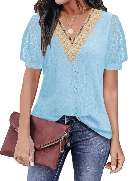ETCYY Womens Tops Causal Puff Sleeve Summer Trendy Cute Print Lace V Neck Solid Color Loose Fit Short Sleeve Shirts