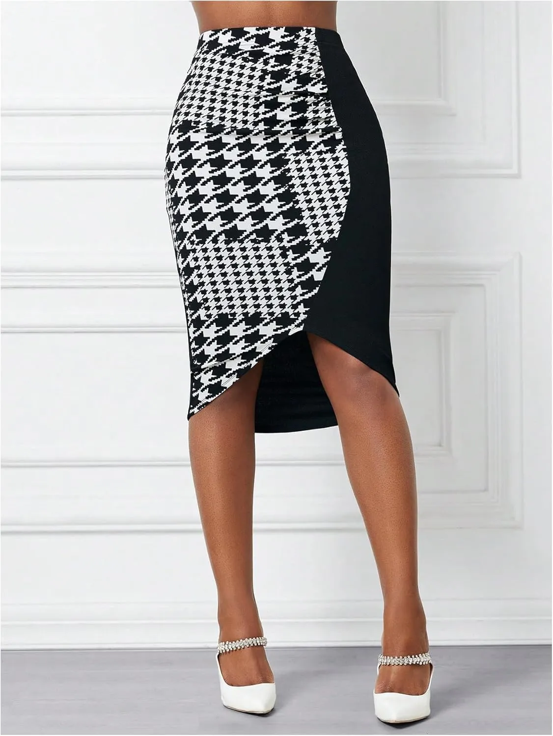 Floerns Women's Colorblock Houndstooth High Waist Wrap Front Bodycon Pencil Skirt