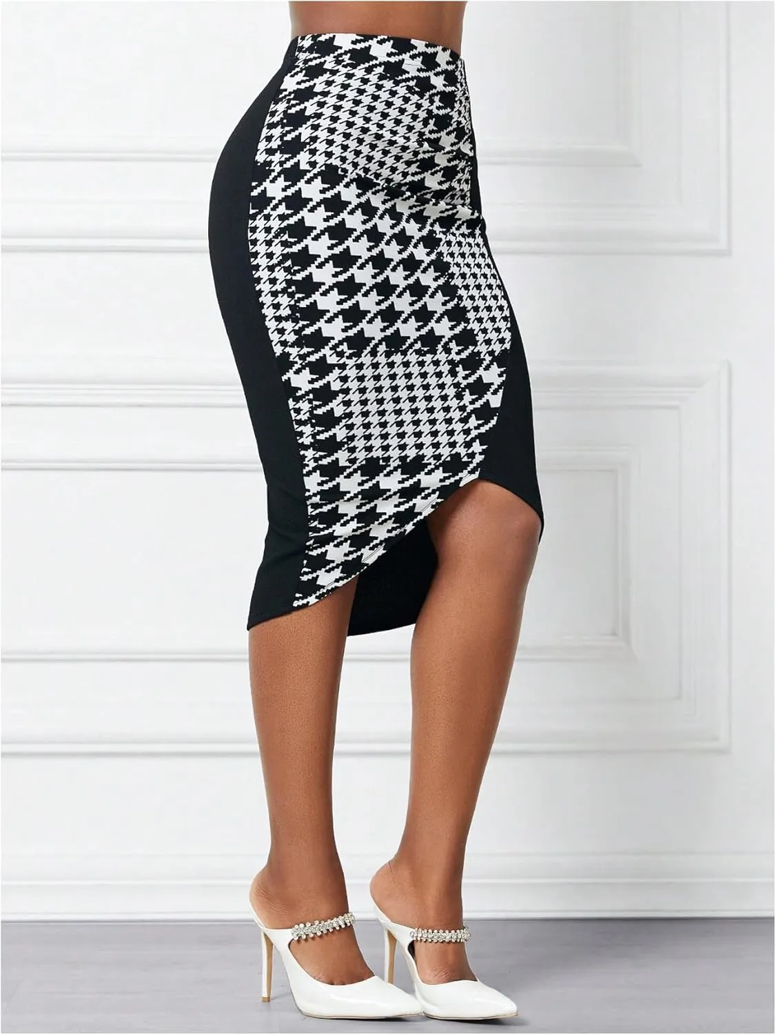 Floerns Women's Colorblock Houndstooth High Waist Wrap Front Bodycon Pencil Skirt