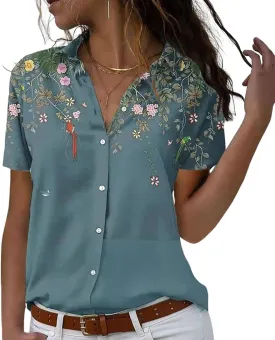 Floral Tops for Women Summer Flower Printed V Neck Tshirts Short Sleeve Tops Dressy Casual