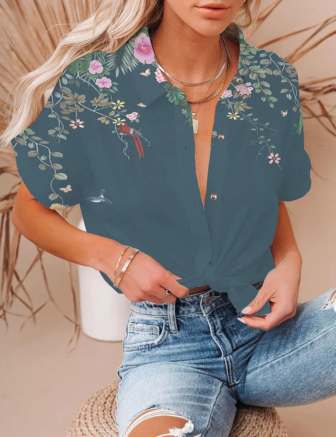 Floral Tops for Women Summer Flower Printed V Neck Tshirts Short Sleeve Tops Dressy Casual