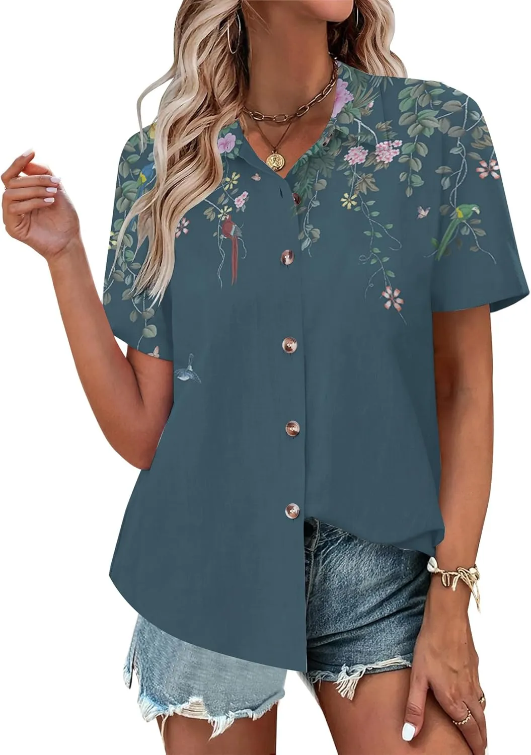 Floral Tops for Women Summer Flower Printed V Neck Tshirts Short Sleeve Tops Dressy Casual