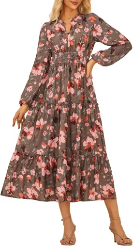GRACE KARIN Women's Floral Maxi Dress Long Sleeve V Neck Casual A Line Spring Fall Winter Flowy Tiered Dresses with Pockets