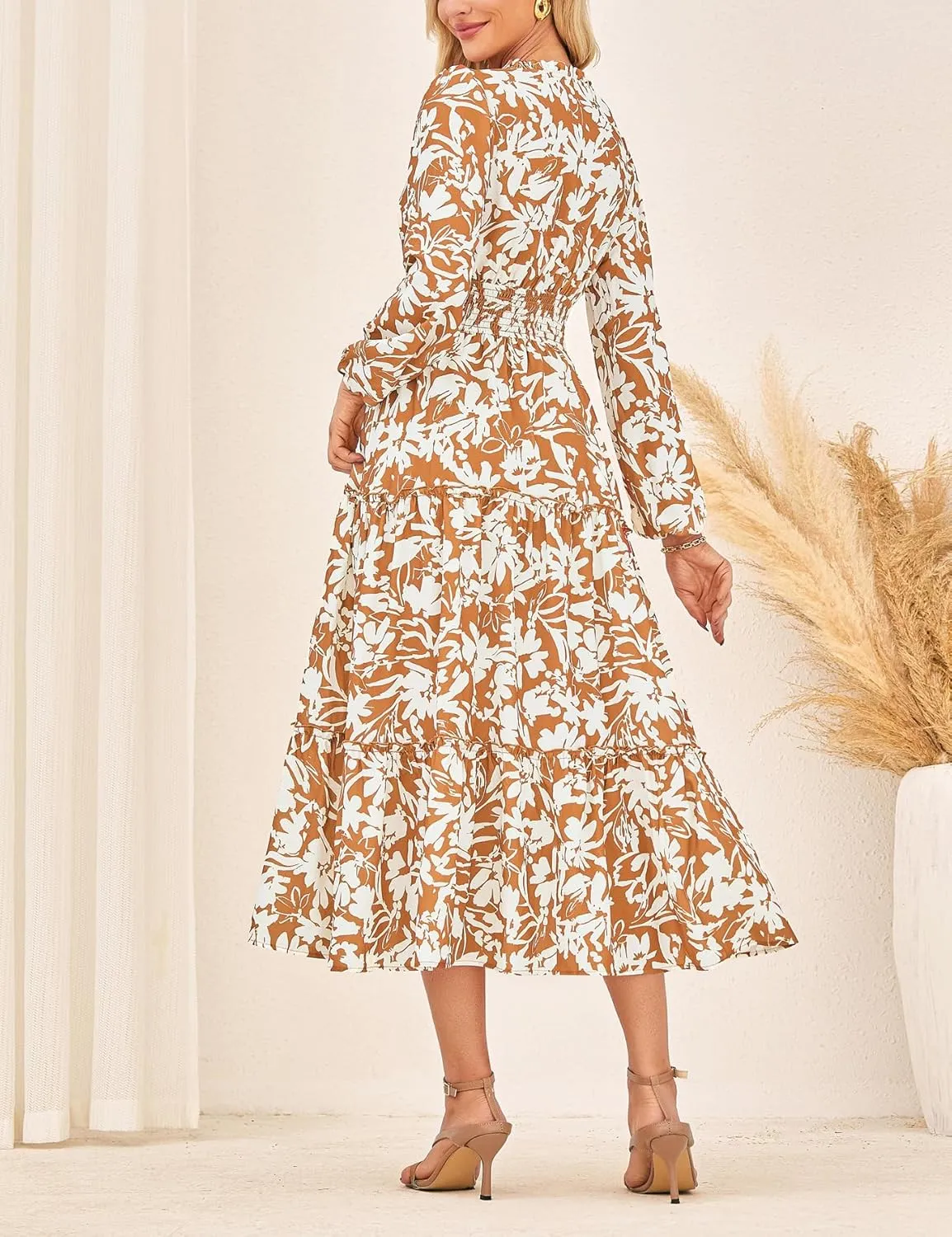 GRACE KARIN Women's Floral Maxi Dress Long Sleeve V Neck Casual A Line Spring Fall Winter Flowy Tiered Dresses with Pockets