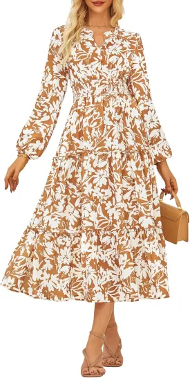 GRACE KARIN Women's Floral Maxi Dress Long Sleeve V Neck Casual A Line Spring Fall Winter Flowy Tiered Dresses with Pockets
