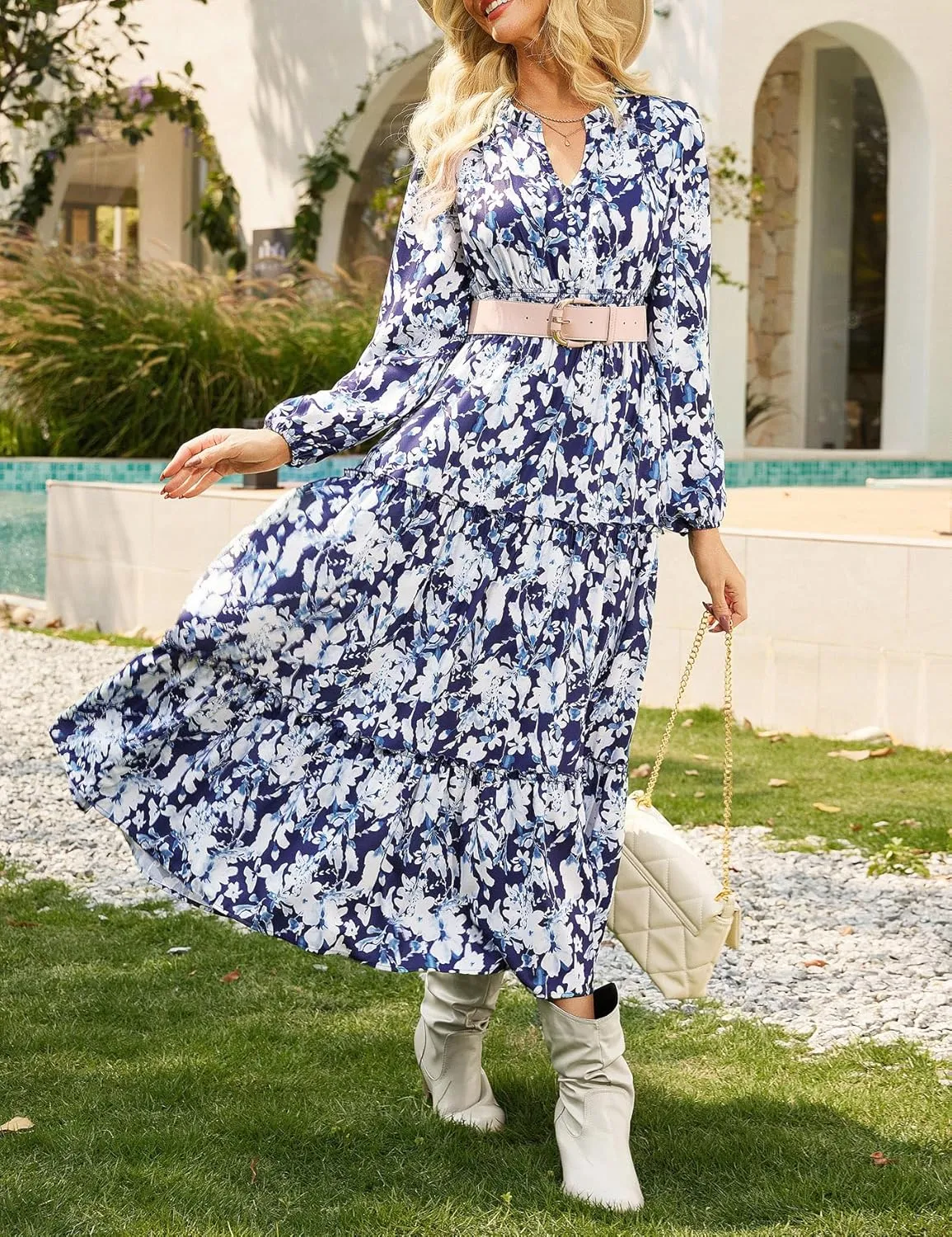 GRACE KARIN Women's Floral Maxi Dress Long Sleeve V Neck Casual A Line Spring Fall Winter Flowy Tiered Dresses with Pockets