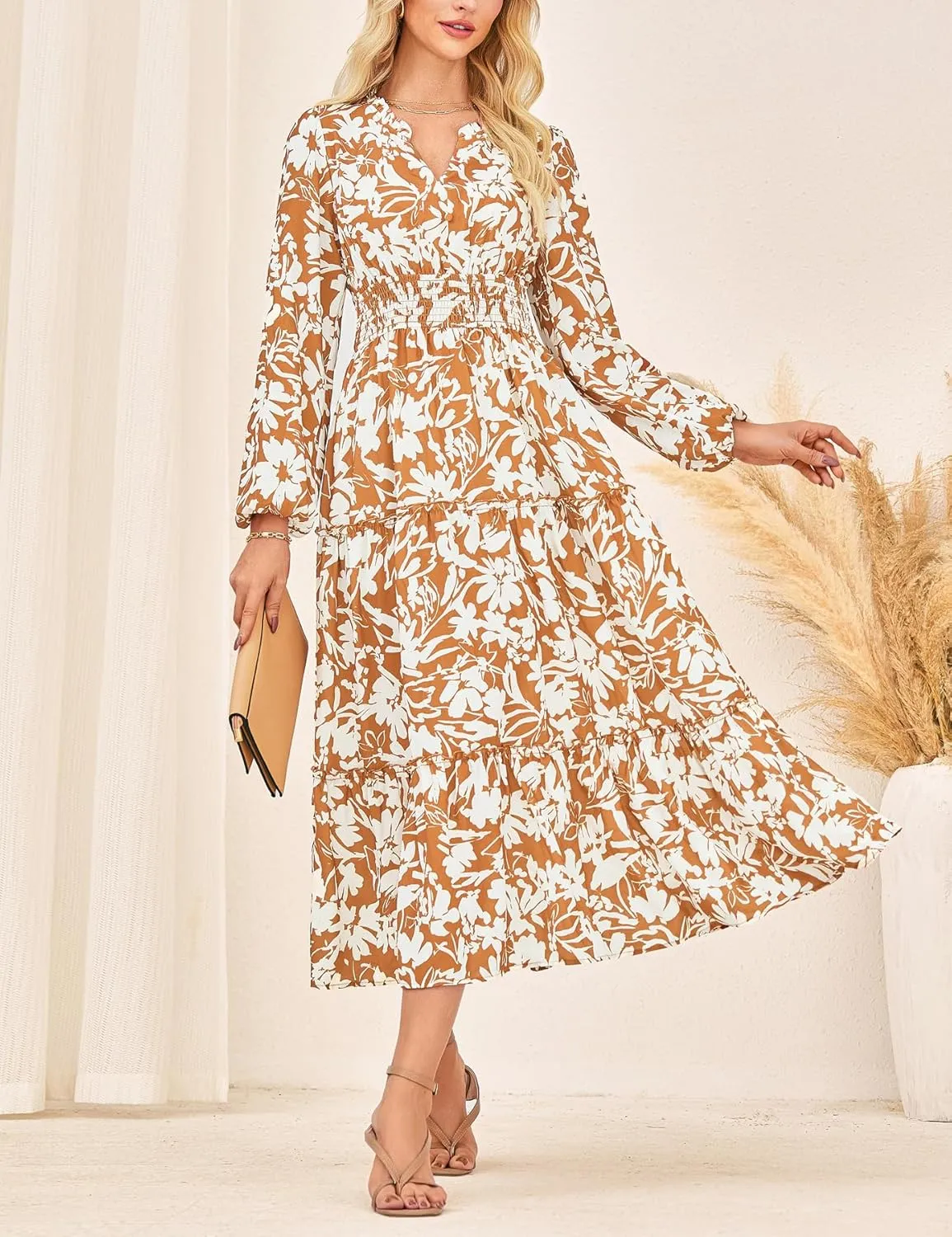 GRACE KARIN Women's Floral Maxi Dress Long Sleeve V Neck Casual A Line Spring Fall Winter Flowy Tiered Dresses with Pockets