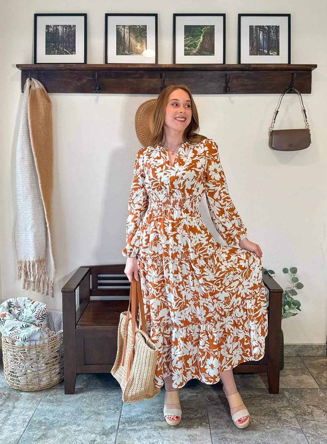 GRACE KARIN Women's Floral Maxi Dress Long Sleeve V Neck Casual A Line Spring Fall Winter Flowy Tiered Dresses with Pockets