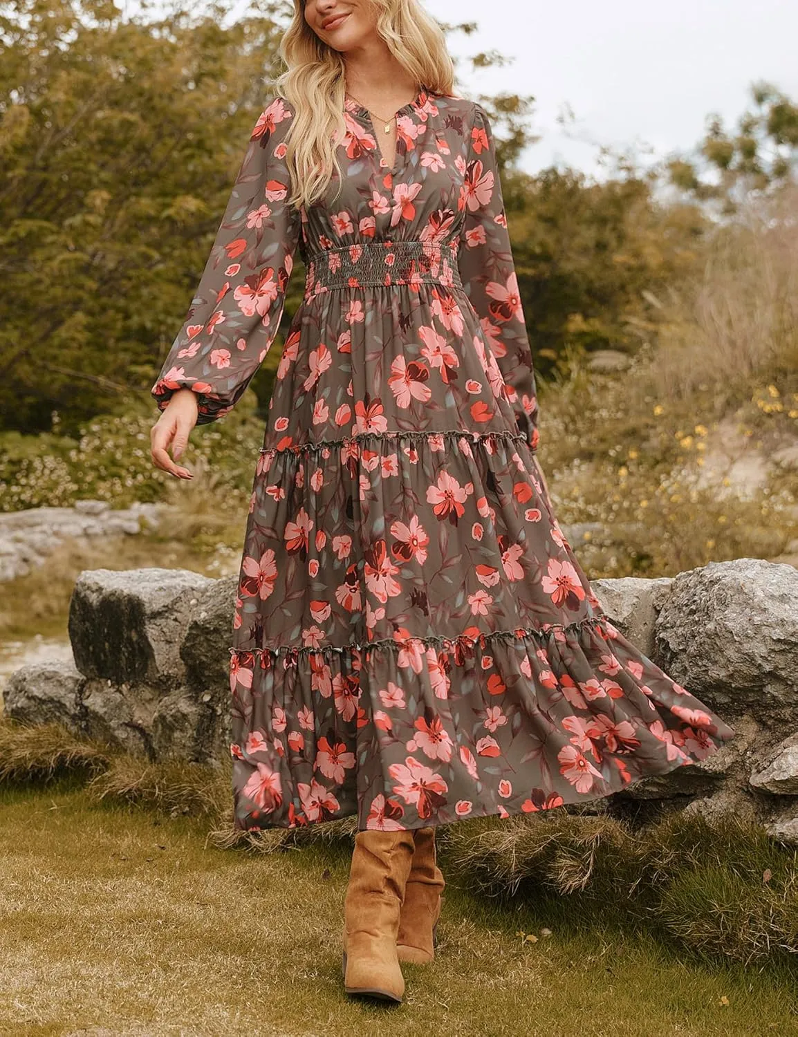 GRACE KARIN Women's Floral Maxi Dress Long Sleeve V Neck Casual A Line Spring Fall Winter Flowy Tiered Dresses with Pockets